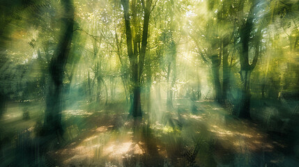 A soft-focus forest scene with sunlight streaming through trees, leaving the middle area blurred for text placement