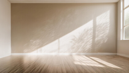 A minimalist interior design of an empty room with a large window. The room features a light beige wall and a warm wooden floor. Natural light streams through the window