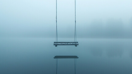 A surreal image of a wooden swing hanging from an invisible source in the middle of a foggy lake, its reflection faintly visible on the still water