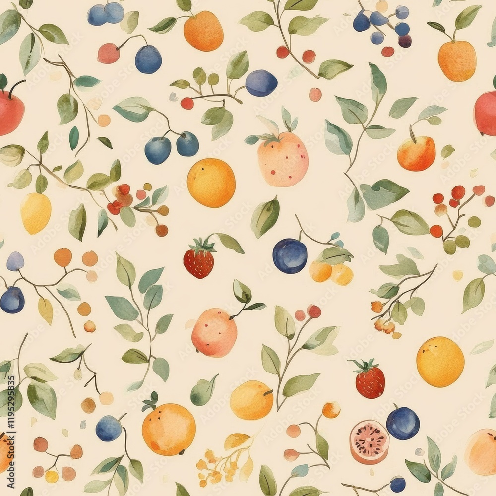 Poster colorful doodle watercolor pattern featuring assorted fruits and leaves on a soft background