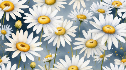 Fototapeta premium Watercolor background: daisies on a blue background