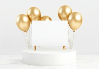 Golden Balloons & Blank Canvas: A minimalist backdrop featuring a white pedestal adorned with an array of gold balloons and a blank canvas.