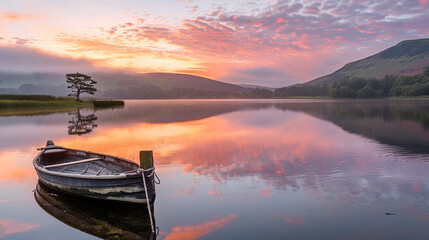 A tranquil lake at sunrise with a small, empty wooden canoe tied to a post, the water reflecting pastel hues of pink and gold