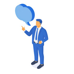 A businessman in a blue suit gesturing while speaking with a speech bubble., isolated on a transparent background.