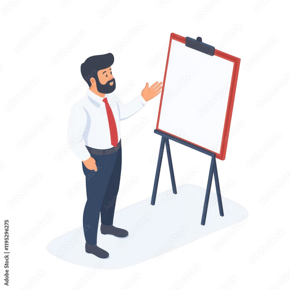 Poster a businessman presenting ideas using an empty flip chart in a professional setting., isolated on a t