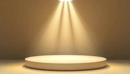 Illuminated Podium: A pristine round podium bathed in the warm glow of three spotlights, creating a dramatic and elegant display perfect for showcasing products, awards or presentations. 