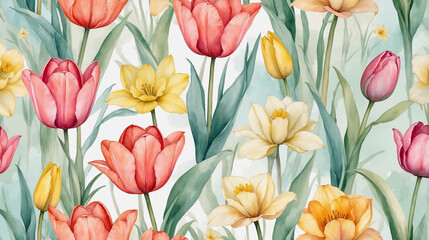 Obraz premium Watercolor background: tulips and daffodils on a matte background