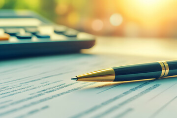 Fototapeta premium Close-up of a gold pen resting on financial documents with a calculator softly blurred in the background, conveying a sense of financial planning or business administration.