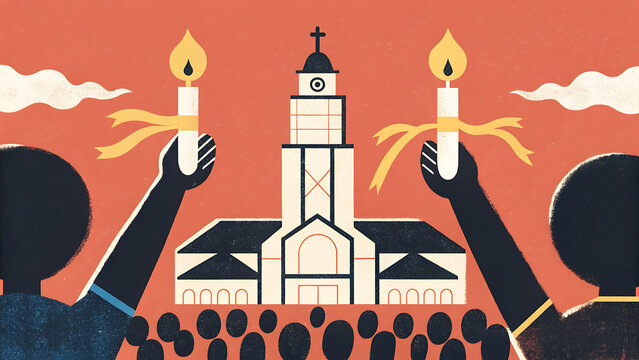 Edsa people power commemoration with cinematic illustration of unity and protest.