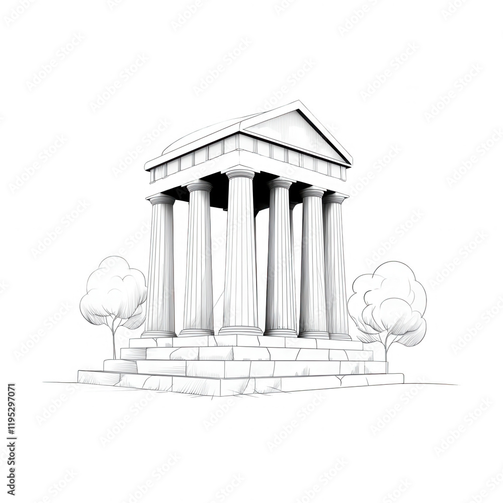 Poster a classic architectural structure adorned with columns and surrounded by trees., isolated on a trans
