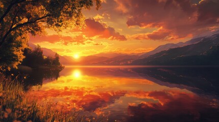 Naklejka premium Tranquil lake, golden hour. Generative AI