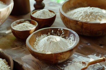 Fototapeta premium Flour inside wooden bowls on a table, ready for baking. Organic and natural food items in the bowls.