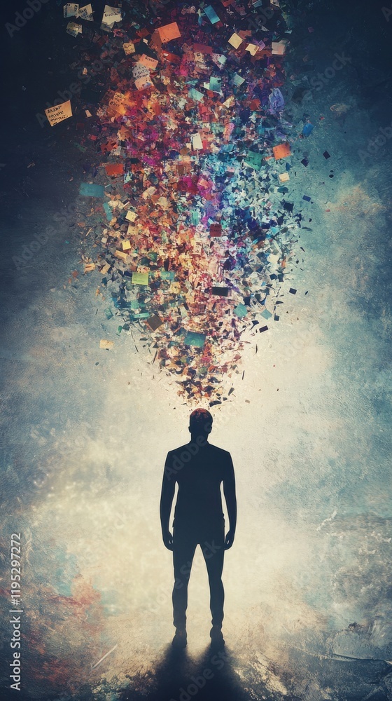 Aufkleber conceptual representation of a glowing man emanating colorful thoughts or ideas in a surreal setting