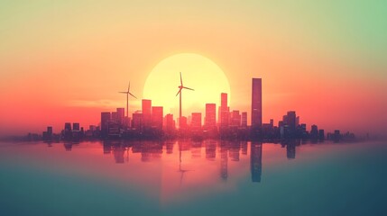 Obraz premium Vibrant Skyline with Renewable Energy Silhouette at Sunset