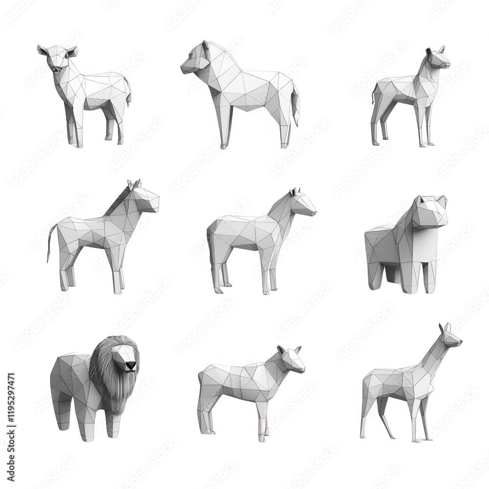 Poster a collection of polygonal animal models, showcasing modern 3d design in various forms., isolated on 