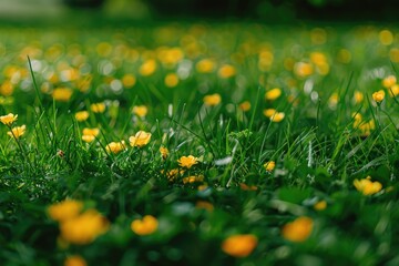 A close-up view of dandelions growing among green grass in a field.