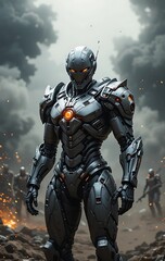 Naklejka premium Powerful Armored Robot: Dark Futuristic Digital Painting