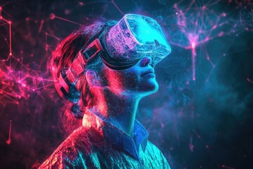 A person immersed in a virtual reality experience, gazing into the digital realm with augmented vision enhanced by neural network technology.