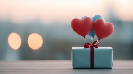 Heart-shaped balloons lifting a gift box in sunset light