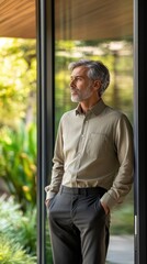 Fototapeta premium Serene moment of reflection by an older man in a modern, minimalistic home surrounded by nature