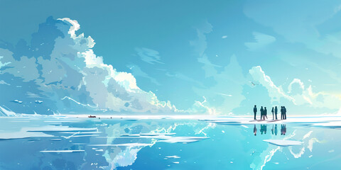 Silhouetted Figures on Frozen Water Under Cloudy Sky