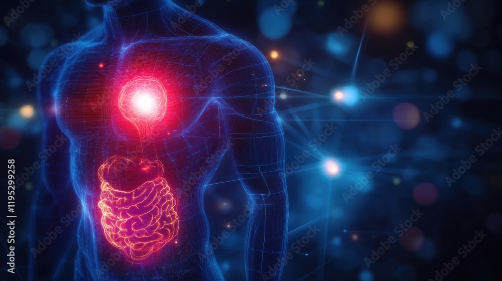 Poster Glowing human torso with vibrant red focal point in the abdominal region showcasing internal vitality and energy flow. Generative AI