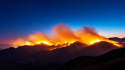 Fototapeta premium Fiery Mountain Range at Dusk - A breathtaking view of a wildfire engulfing a mountain range at twilight. Orange flames illuminate the dark silhouettes of the peaks against a deep blue sky.