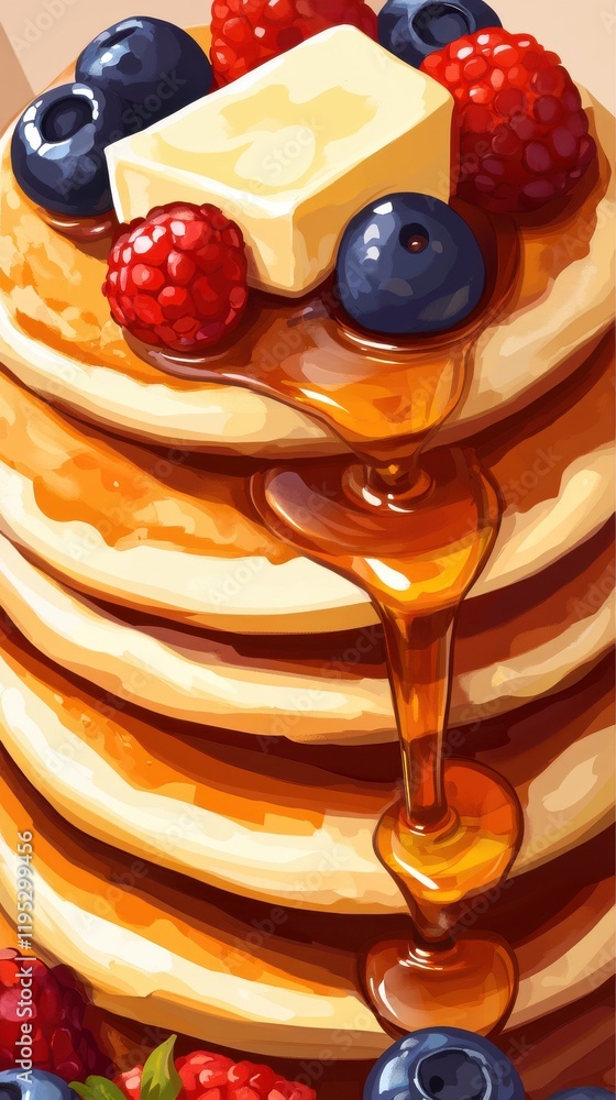 Poster stack of fluffy pancakes topped with fresh berries and melting butter, drizzled with syrup at a cozy