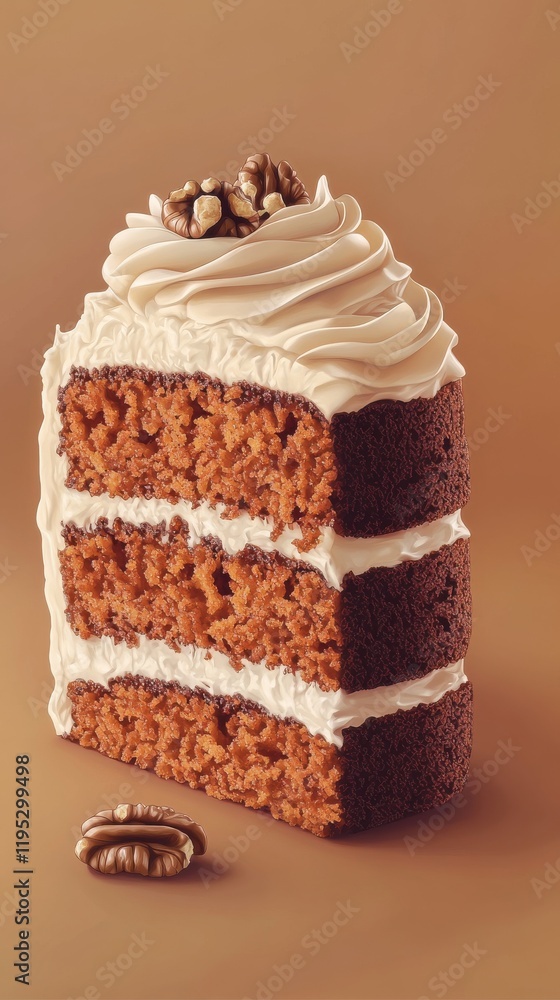 Aufkleber Delicious close-up of a layered slice of cake with cream frosting and nuts on top presented against a warm background