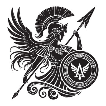 Athena's Aegis Silhouette Vector Illustration, Solid White Background.