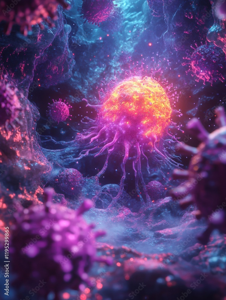 Poster glowing cell illuminated amidst hostile viruses in a vibrant microscopic environment. generative ai