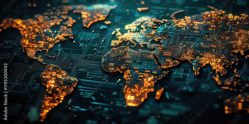 Poster high-tech circuit board with golden electronic components representing global connectivity and power