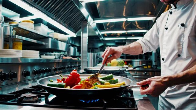 Skilled chef expertly saut&eacute;s a vibrant mix of sliced bell peppers and zucchini in a large pan, using tongs and a slotted spoon to ensure even cooking