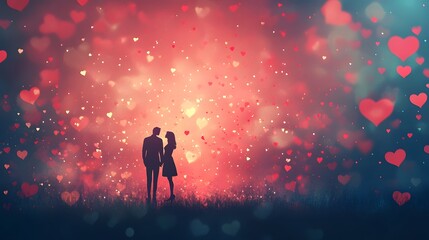 Fototapeta premium Silhouetted Couple Embracing Beneath Starry Skies Surrounded by Glowing Hearts and Ethereal Sparkles