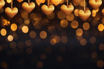 Golden hearts hanging with bokeh lights creating romantic atmosphere