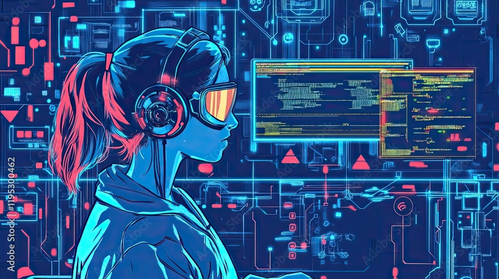 Poster woman programmer coding futuristic technology interface