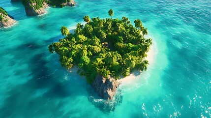 A tropical island surrounded by crystal-clear turquoise waters with lush greenery in the center