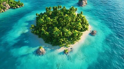 A tropical island surrounded by crystal-clear turquoise waters with lush greenery in the center