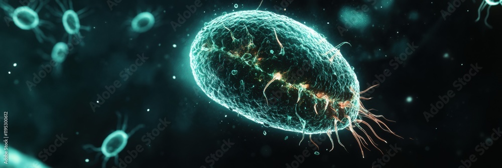 Poster magnified human cell under attack by virus showing intricate details of cellular structure and viral