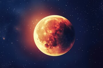 Obraz premium The moon illuminated by sunlight during a lunar eclipse with stars visible in the background.