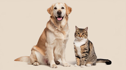 Fototapeta premium Golden Retriever Dog and Tabby Cat Sitting Together