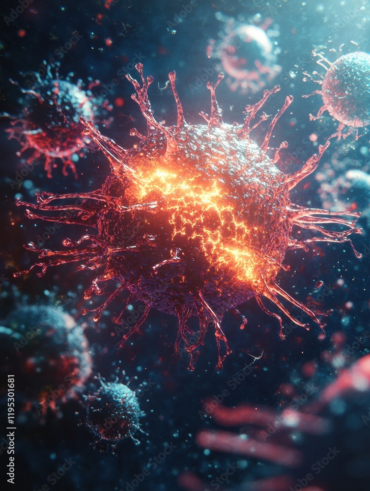 Leinwandbilder glowing cell under threat from invading menacing viruses in a dynamic and colorful environment. gene