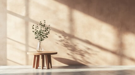 Minimalist still life of greenery in glass vase on round wooden table in sunlit room