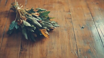 Autumn Leaves Bouquet on Rustic Wooden Table  Fall Flat Lay Photography