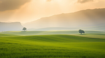 1. "Breathtaking Landscape: A Green Meadow and Sunset Over Rolling Hills"
2. "Summer Serenity: Vibrant Grass and Trees Beneath a Clear Blue Sky"
3. "Country Bliss: Sunrise Over a Peaceful Farm with a 
