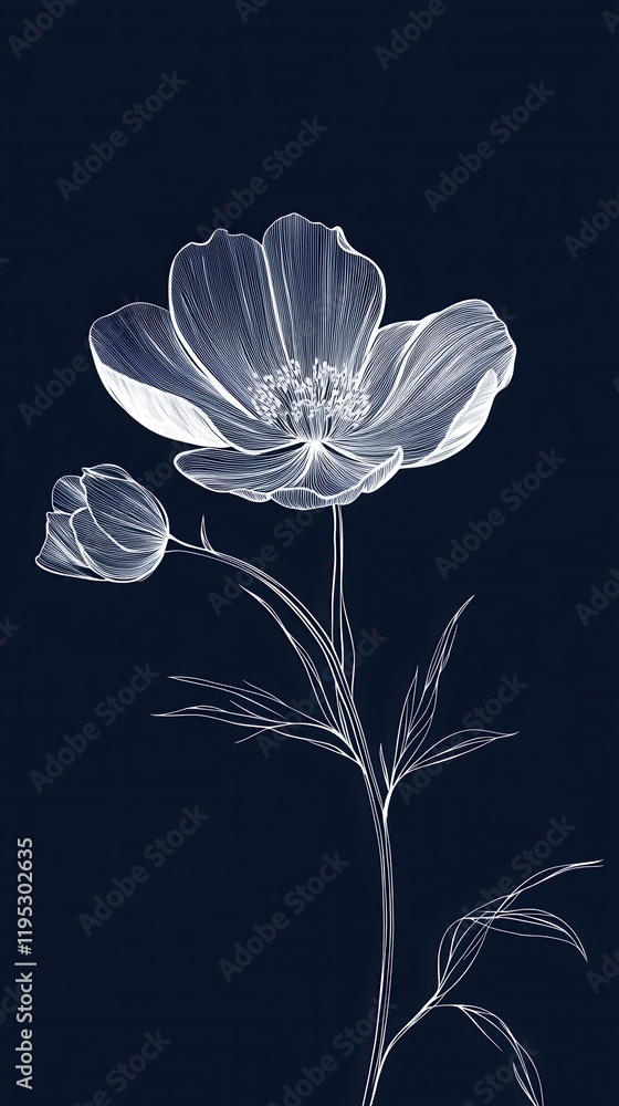 Poster silver flower outlines creating a striking contrast against a dark background in an artistic design