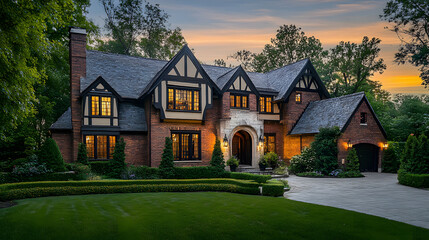 A Tudor-style home with timber beams and brick walls.
