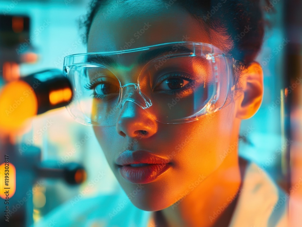 Aufkleber Portrait of a scientist focused on research while examining samples under a microscope in a laboratory setting