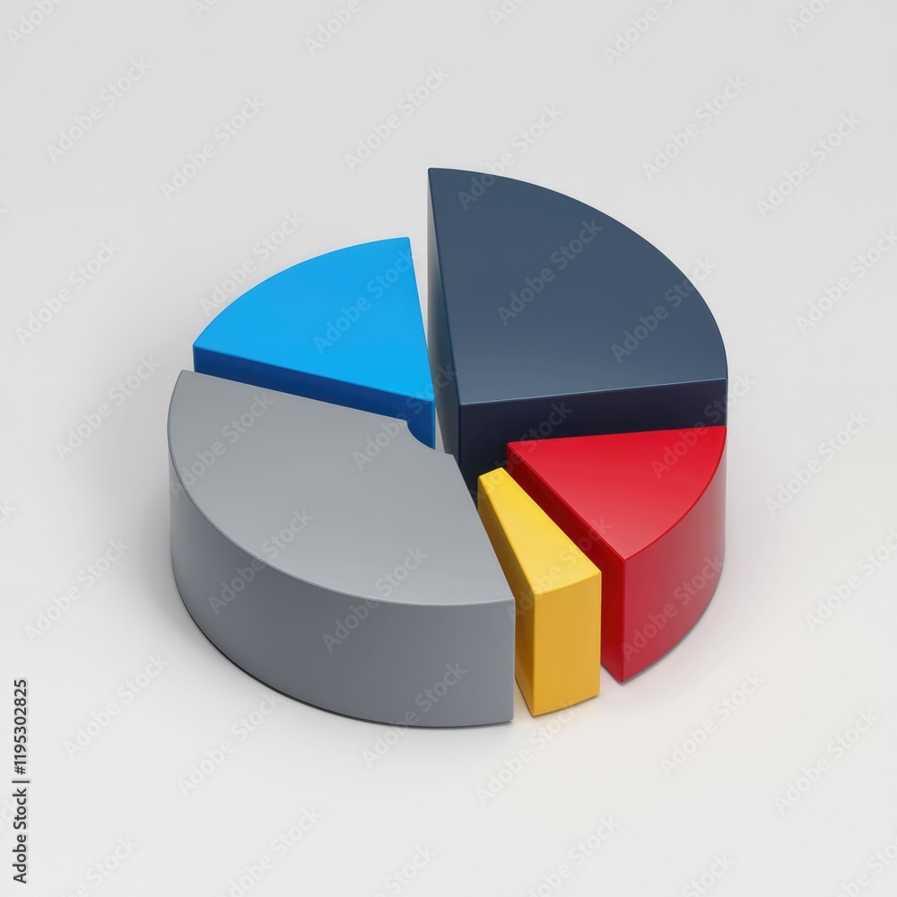 Poster A 3D pie chart segmented into five colorful sections representing data proportions.