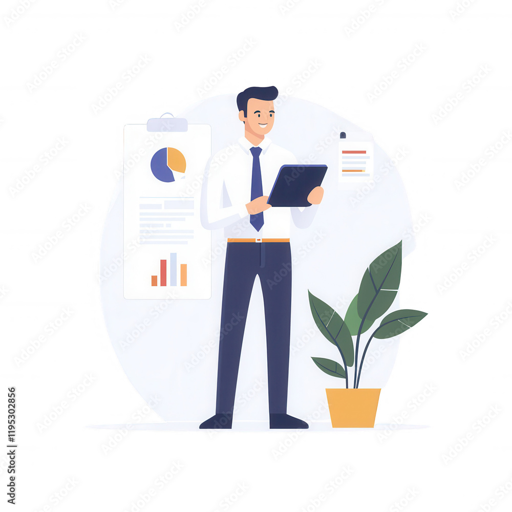 Aufkleber a professional man analyzing data on a tablet with charts and a plant in the background., isolated o